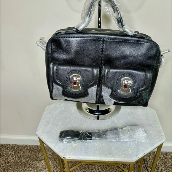 Firenze Black Italian Leather Handbag with Silver Accents & Crossbody Strap - Picture 3 of 5